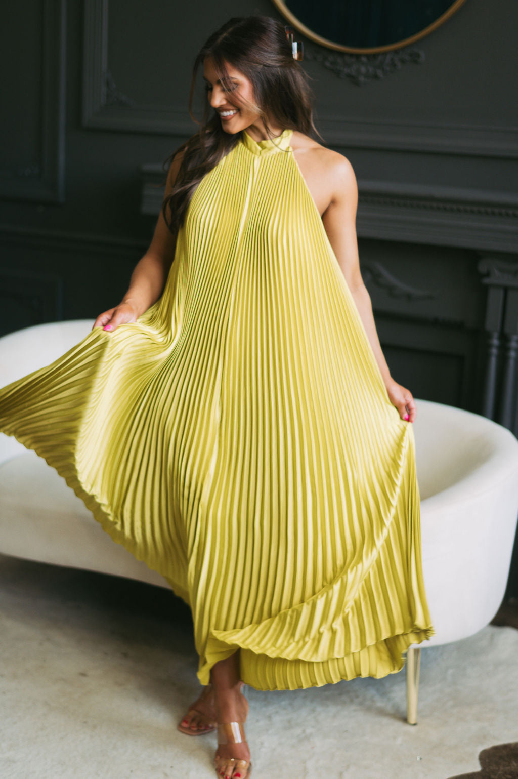 Halter Neck Pleated Midi Dress Chartreuse