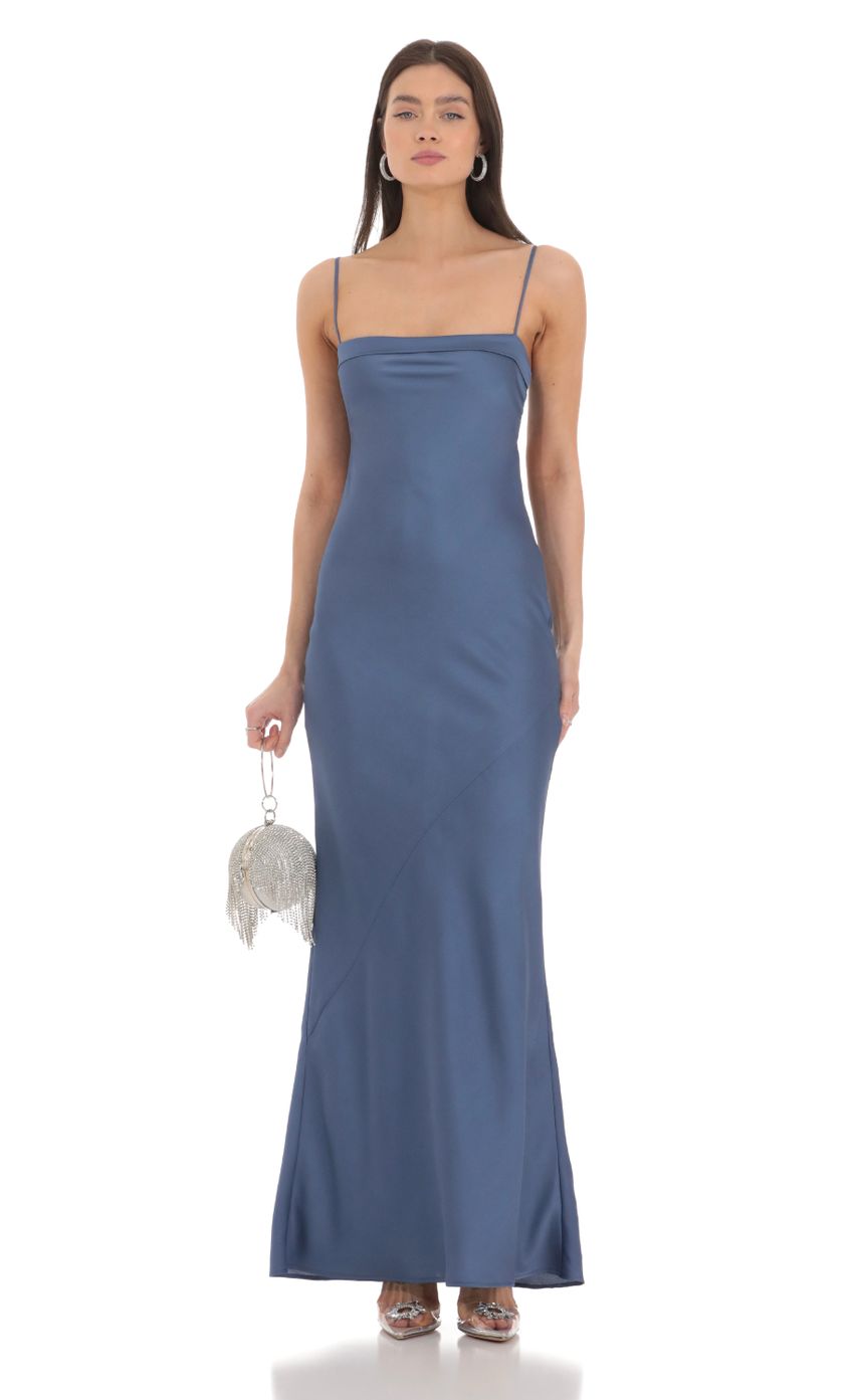 Satin Open Back Maxi Dress in Blue