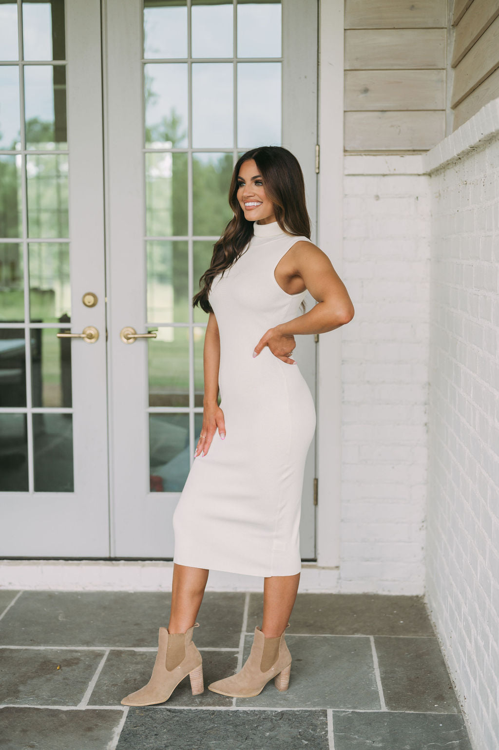 Mock Neck Midi Dress Cream