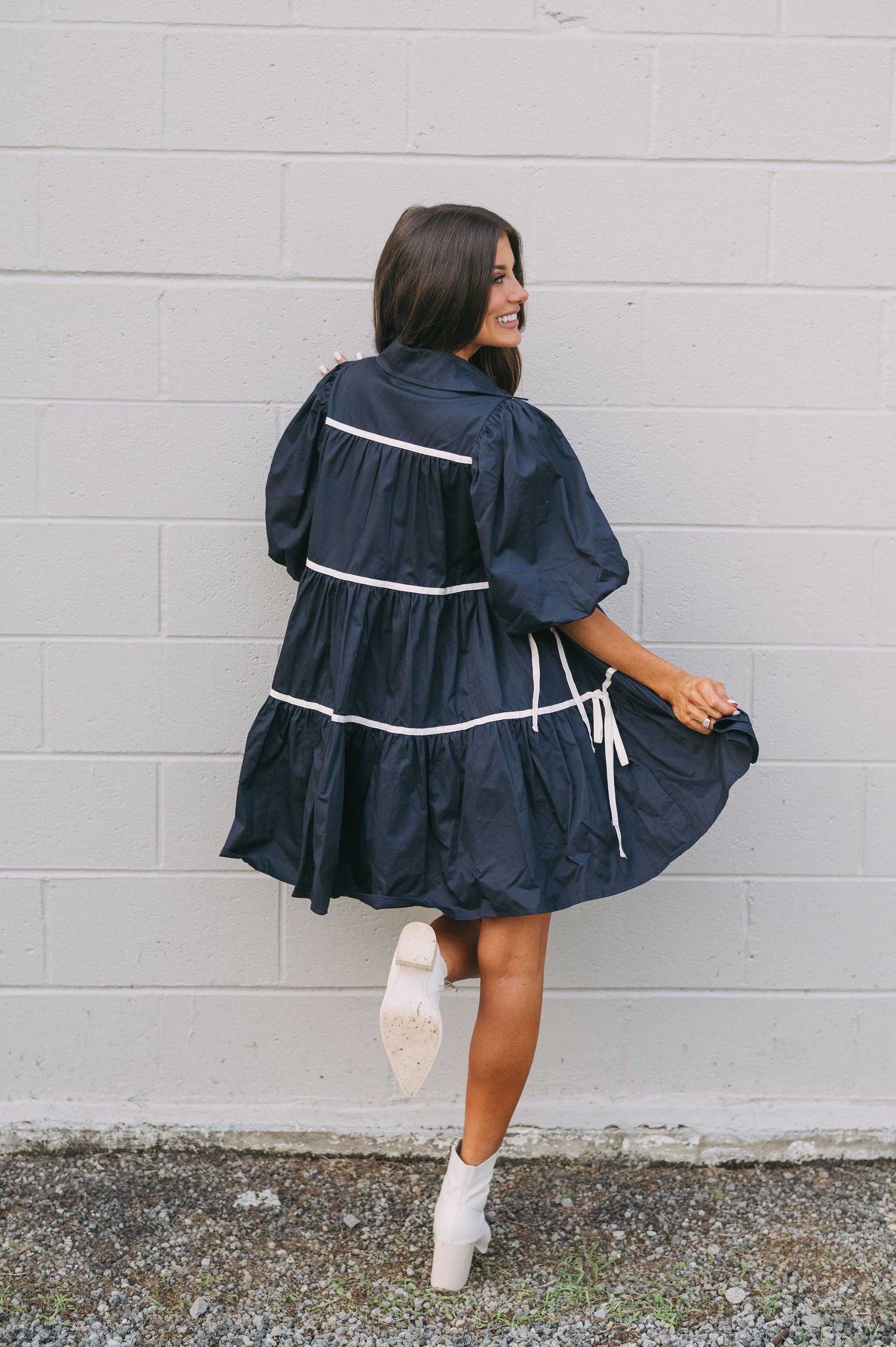 Poplin Tiered Dress Navy