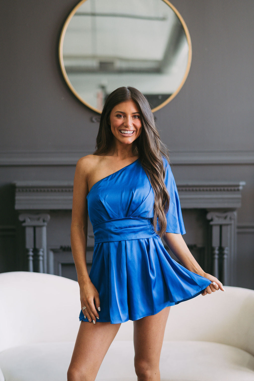 One Shoulder Satin Romper-Royal Blue