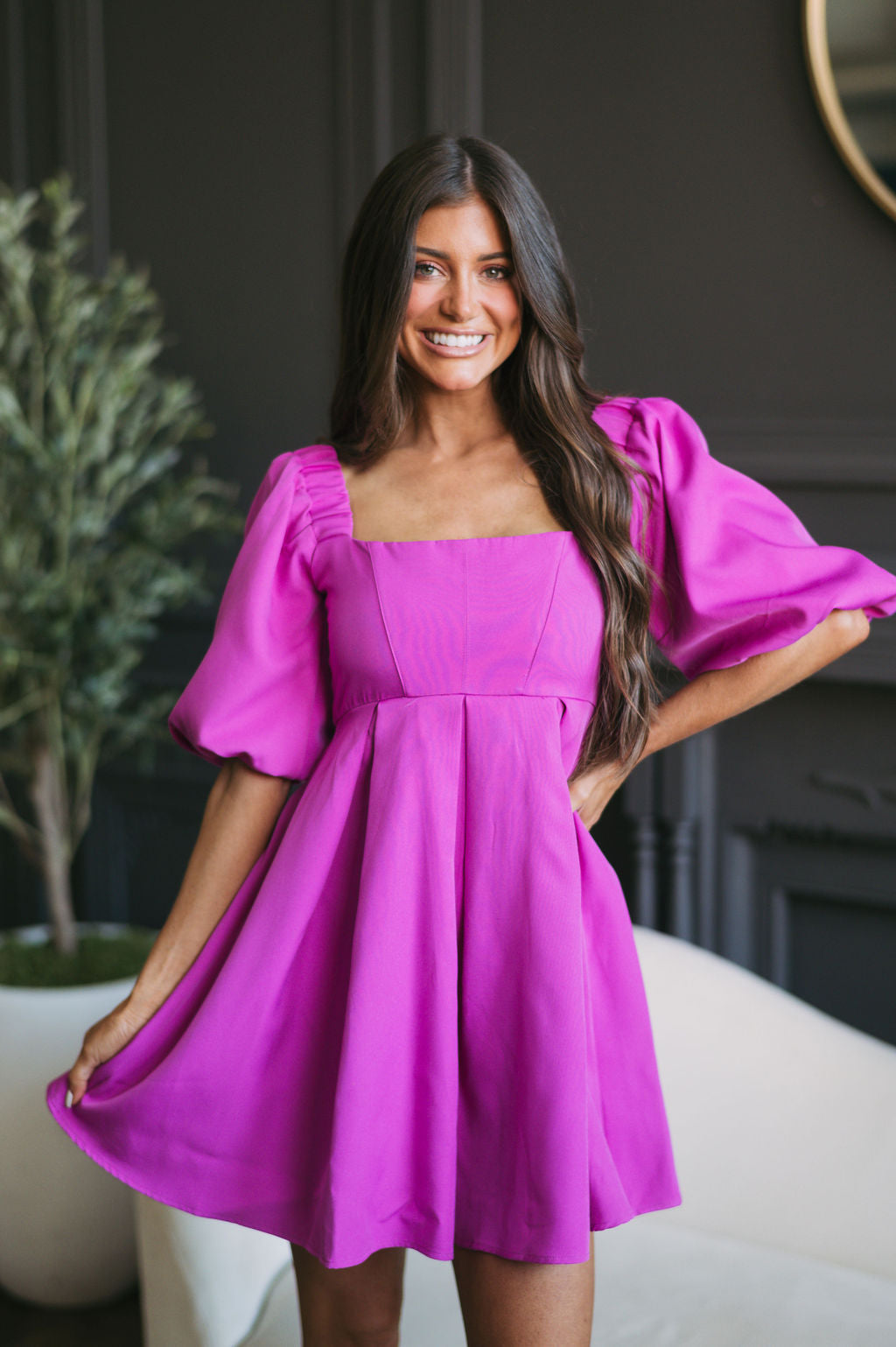 Puff Sleeve Square Neck Dress-Magenta