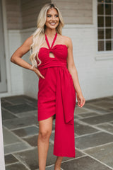 Sash Accented Halter Dress-Deep Red