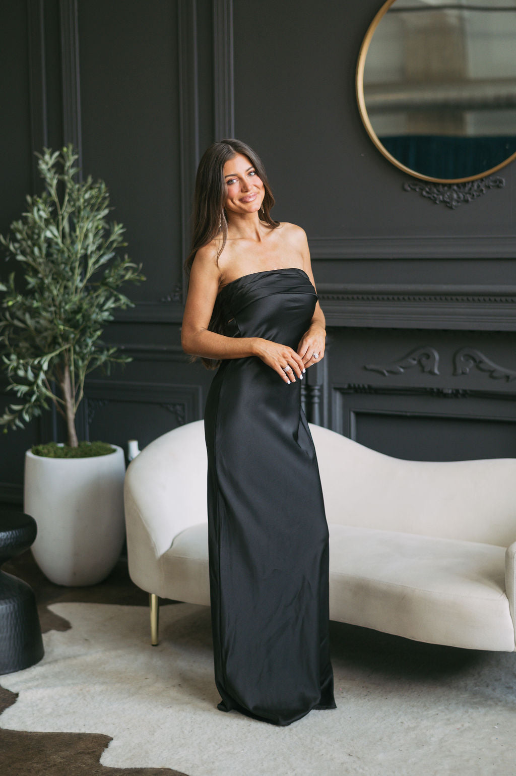 Strapless Satin Gown-Black