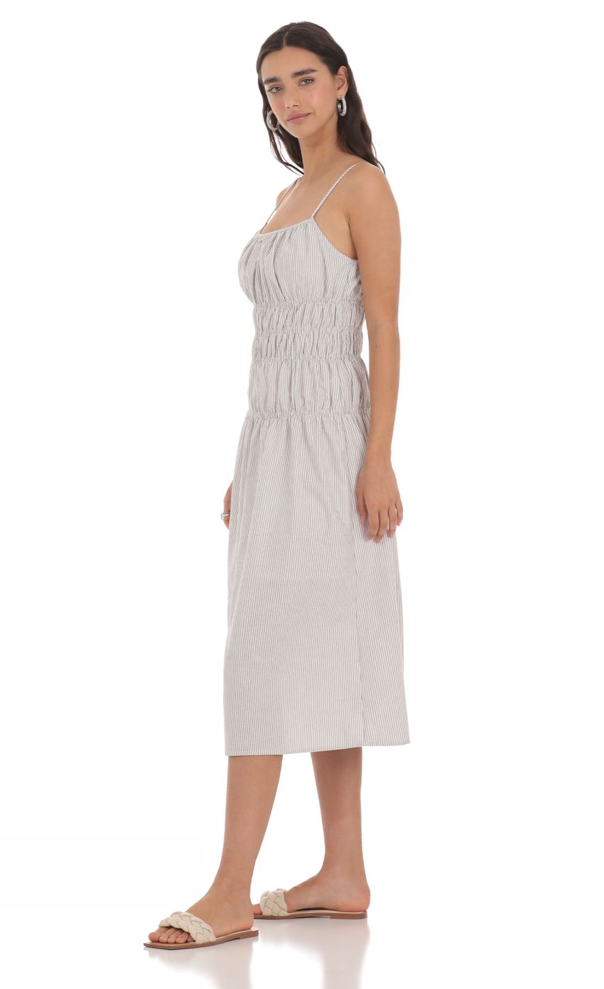 Ruched Striped Midi Dress in Grey