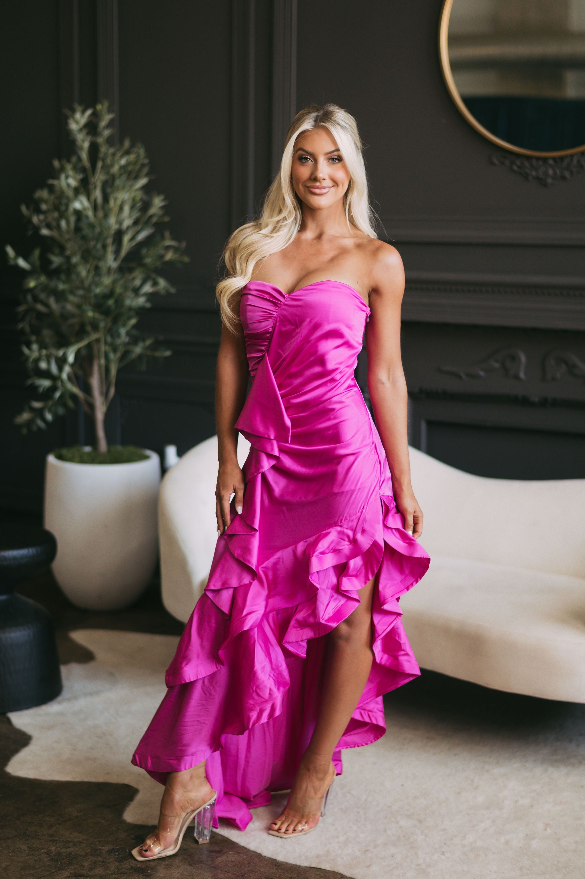 High Low Satin Dress Fuchsia