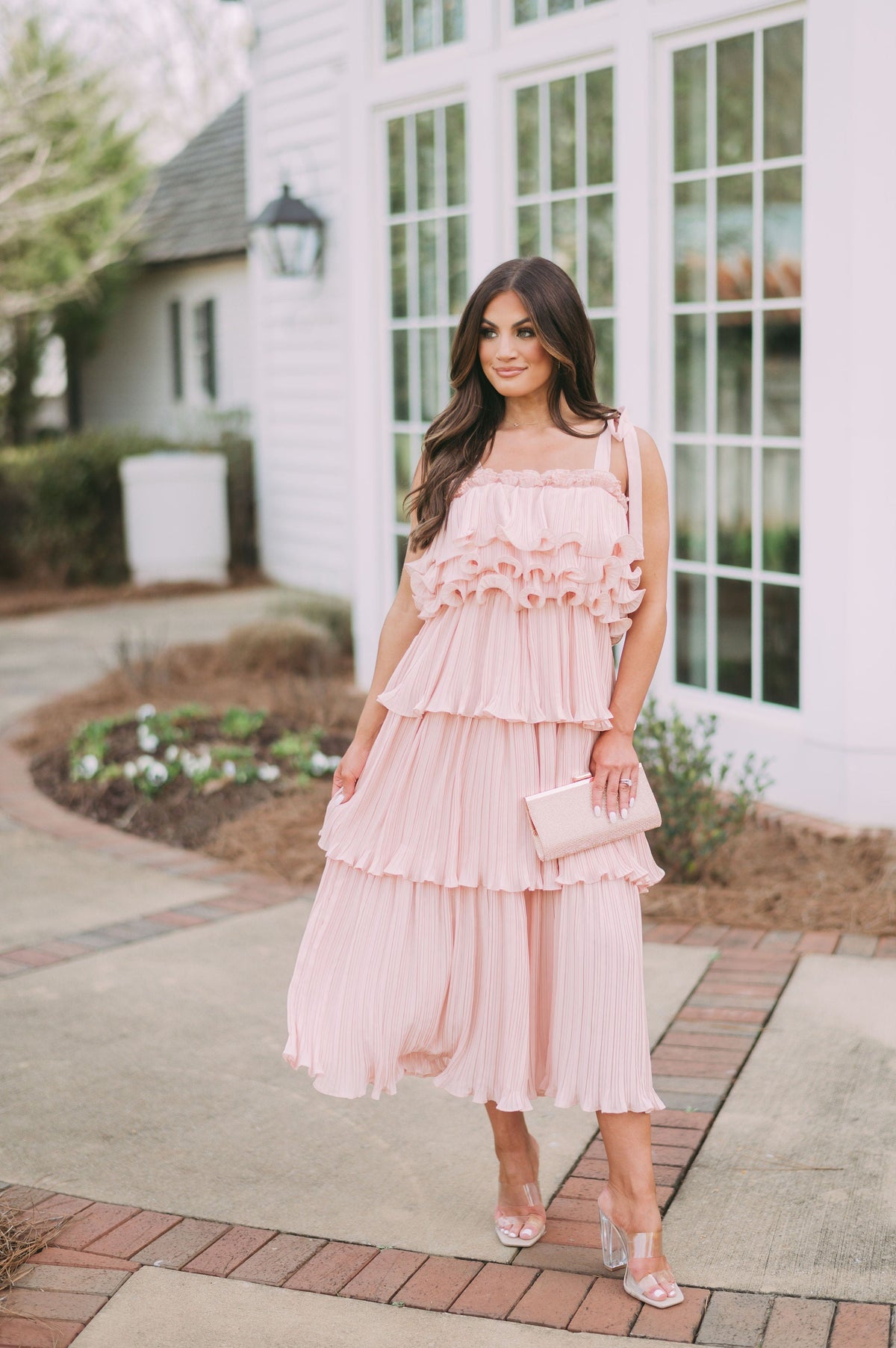 Shoulder Tie Tiered Ruffle DressPeach