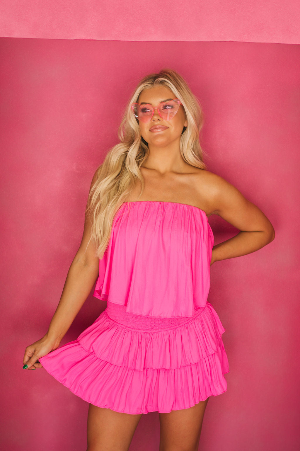 Strapless Ruffle RomperHot Pink