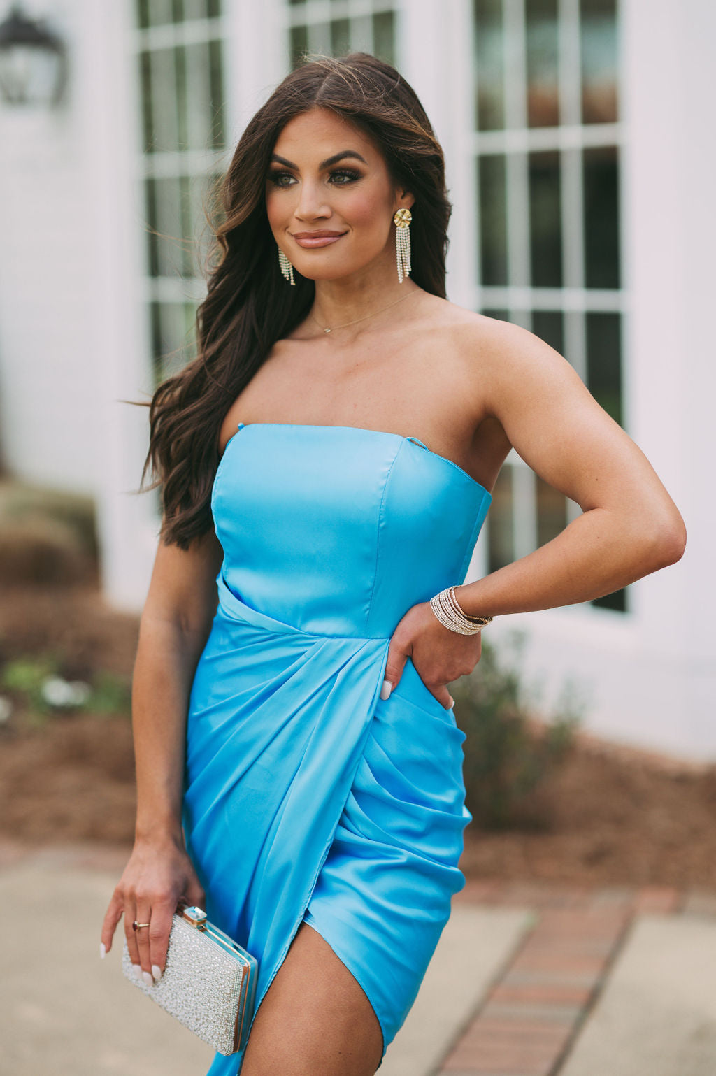 Side Draped Satin DressBlue