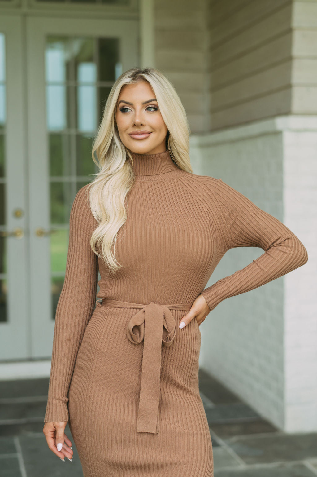 Blakely Ribbed Knit Midi Dress Caramel