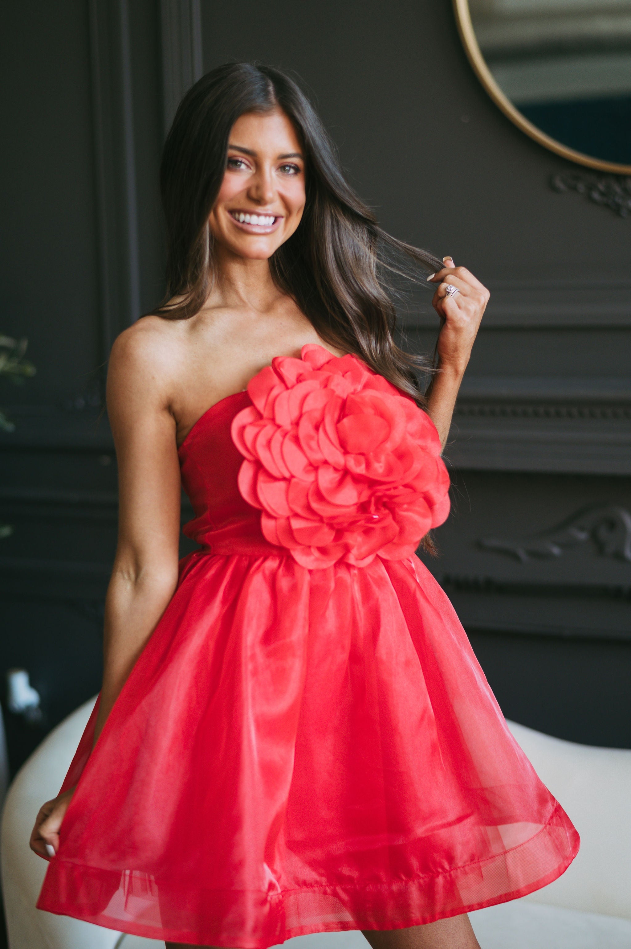 Floral Organza Tube Dress Red