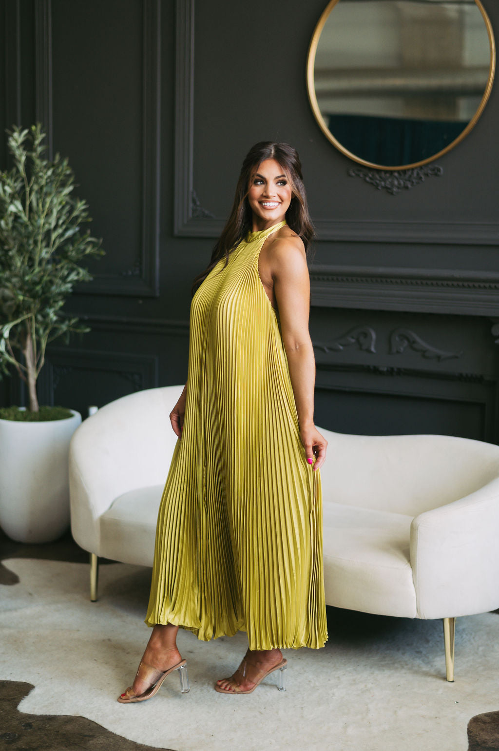 Halter Neck Pleated Midi Dress Chartreuse