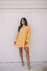 Mock Neck Floral Embroidered Dress-Mustard