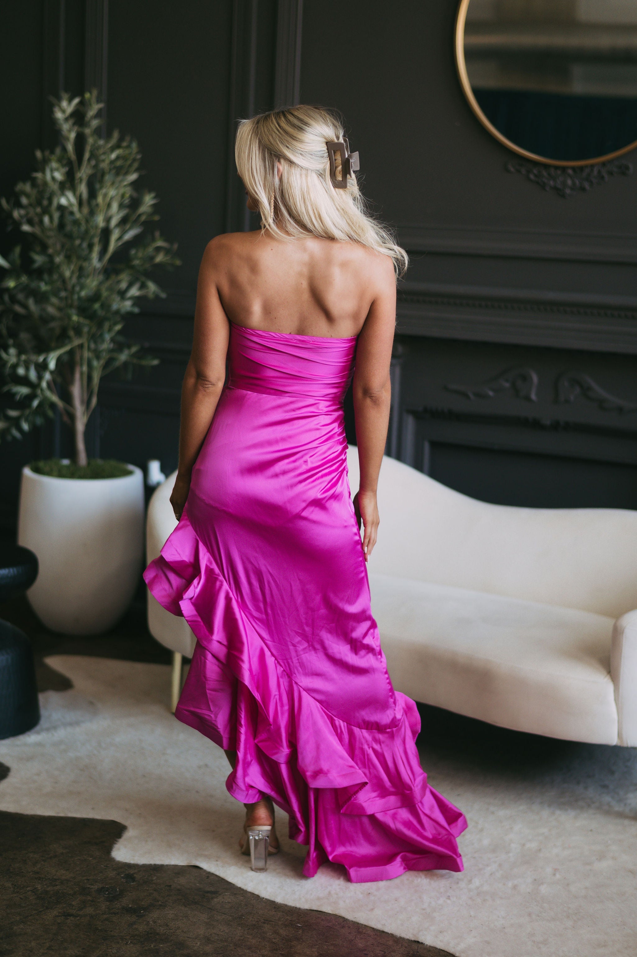 High Low Satin Dress Fuchsia