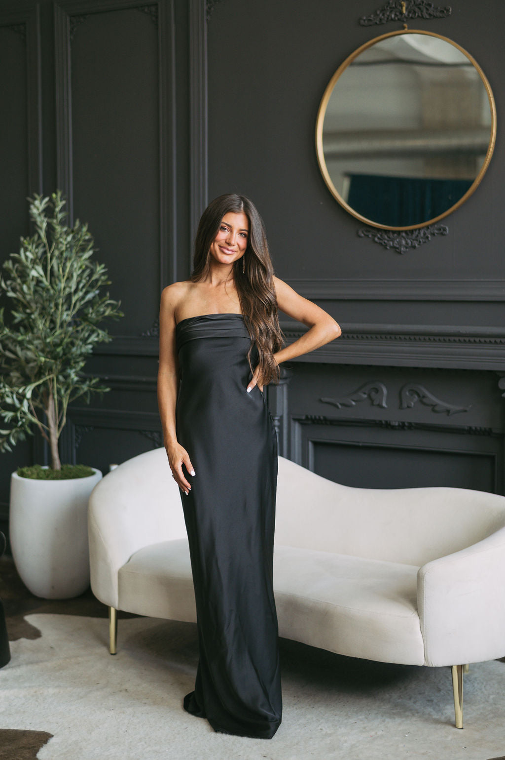 Strapless Satin Gown-Black