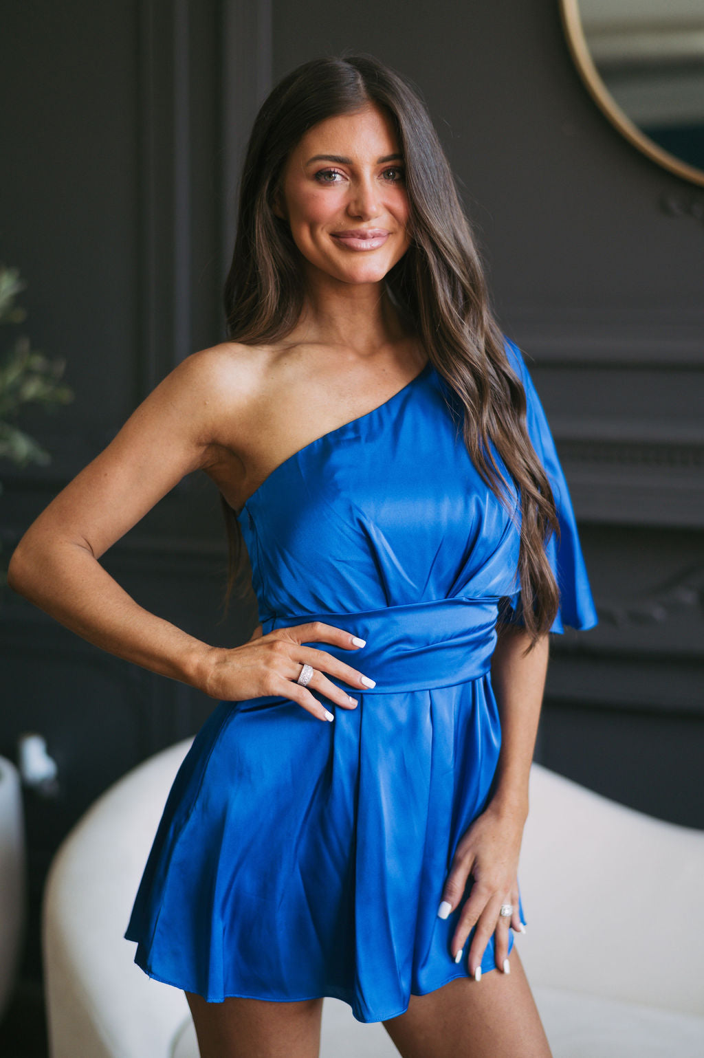 One Shoulder Satin Romper-Royal Blue