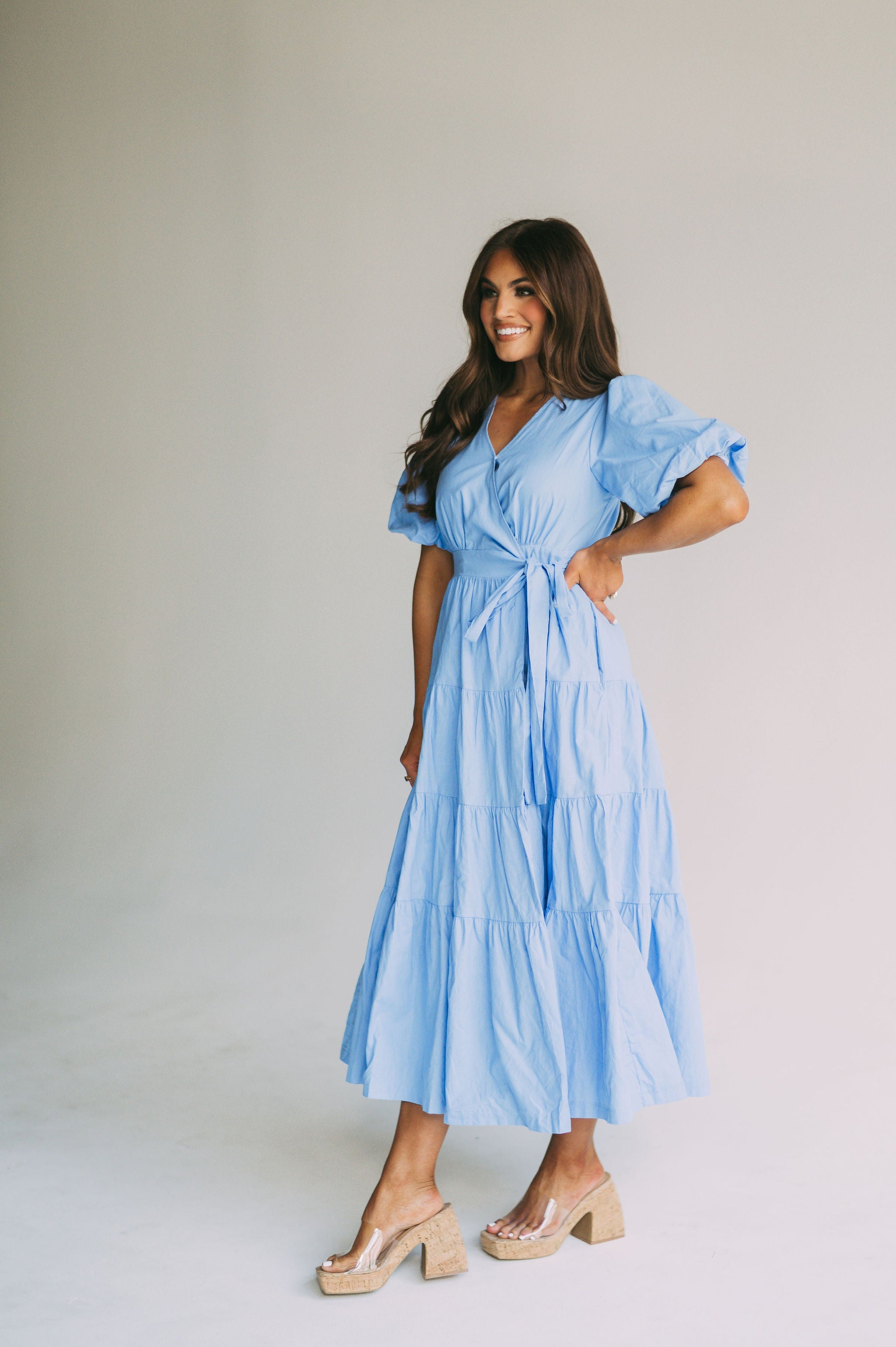 Puff Sleeve Midi Wrap Dress-Blue