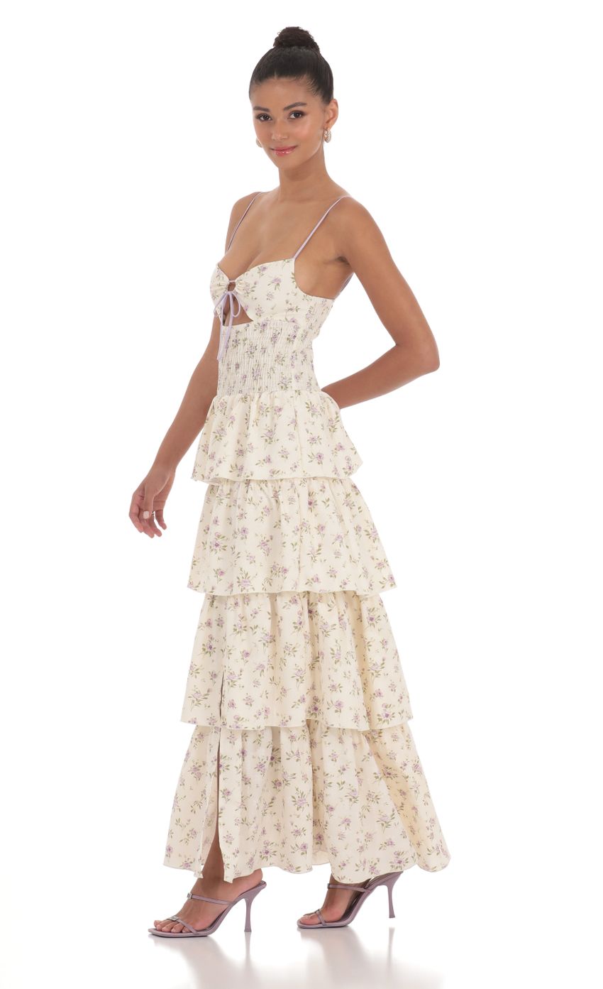 Floral Cutout Ruffle Maxi Dress in Cream