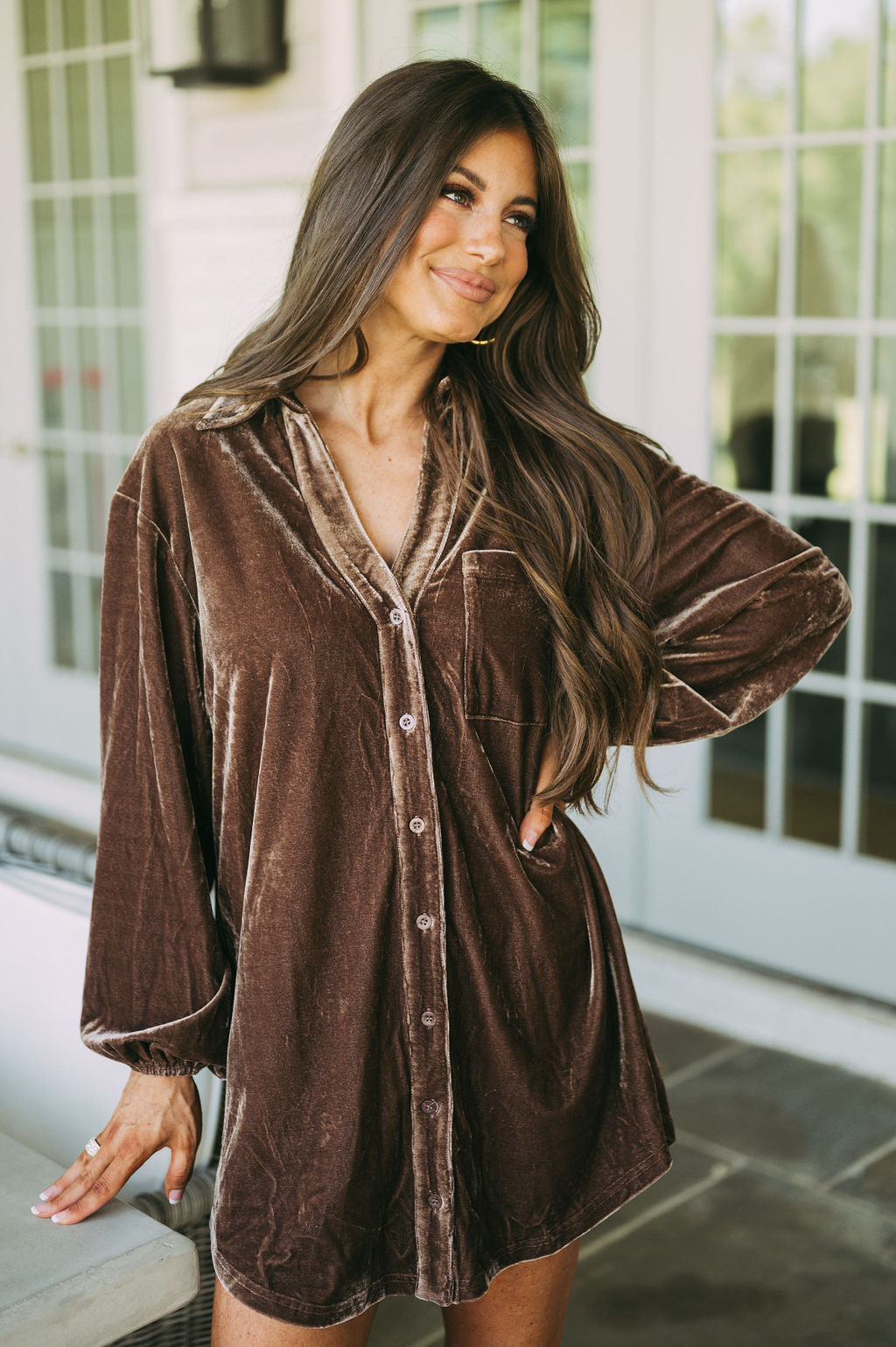 Velvet Button Down Dress-Brown