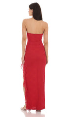 Strapless Lace Ruffle Slit Dress in Red