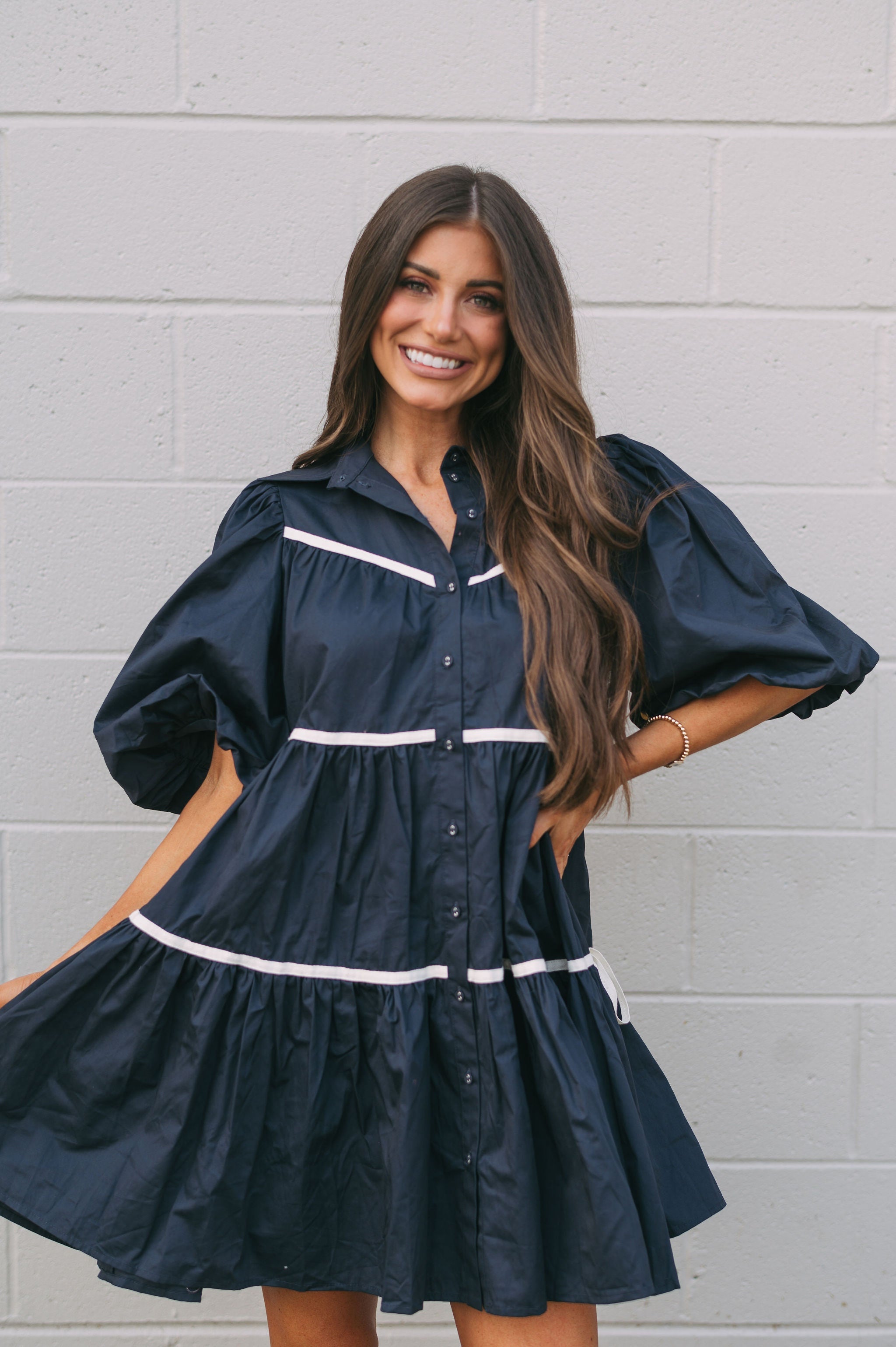 Poplin Tiered Dress Navy