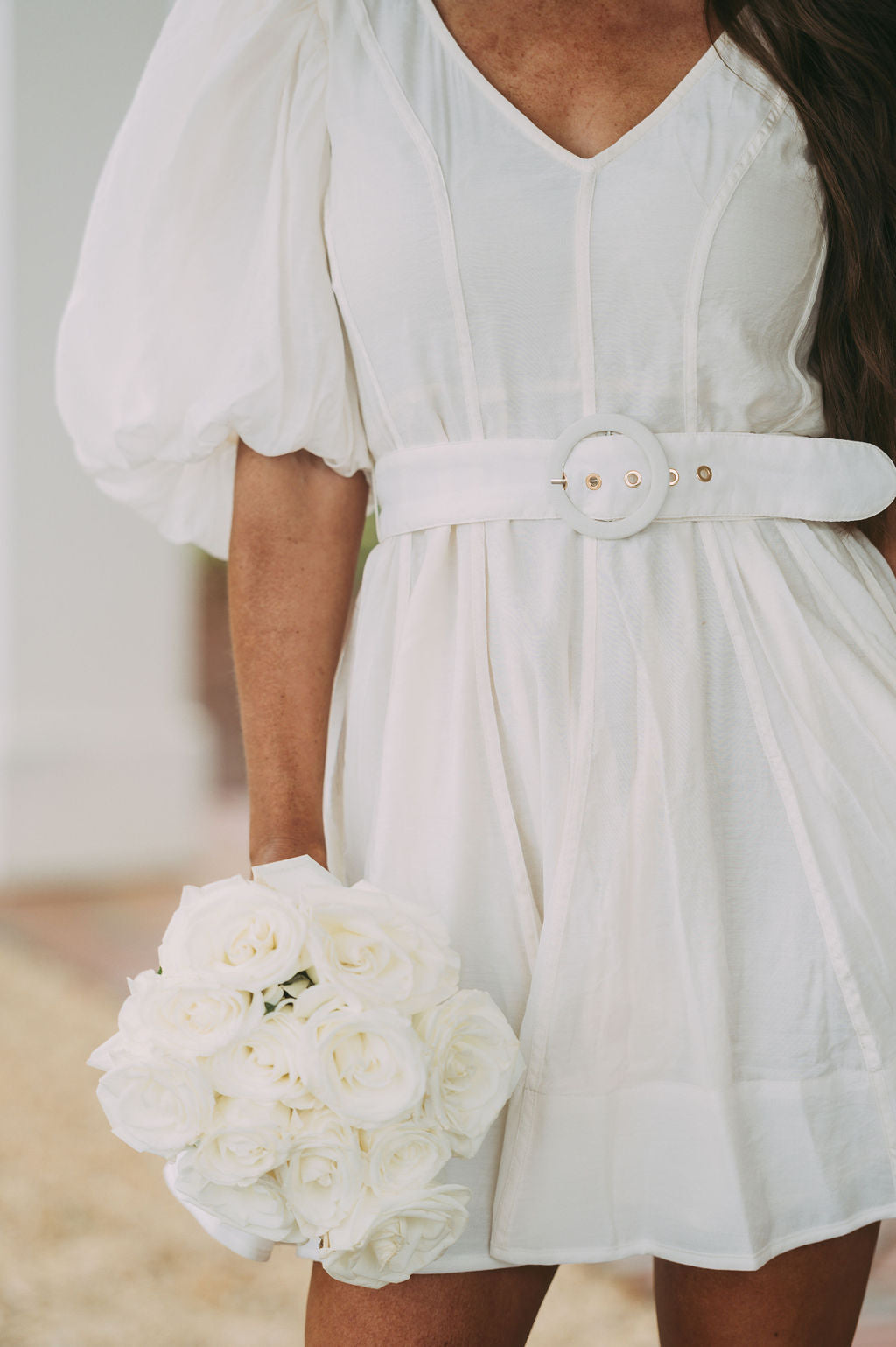 Belted Puff Sleeve Dress-Cream