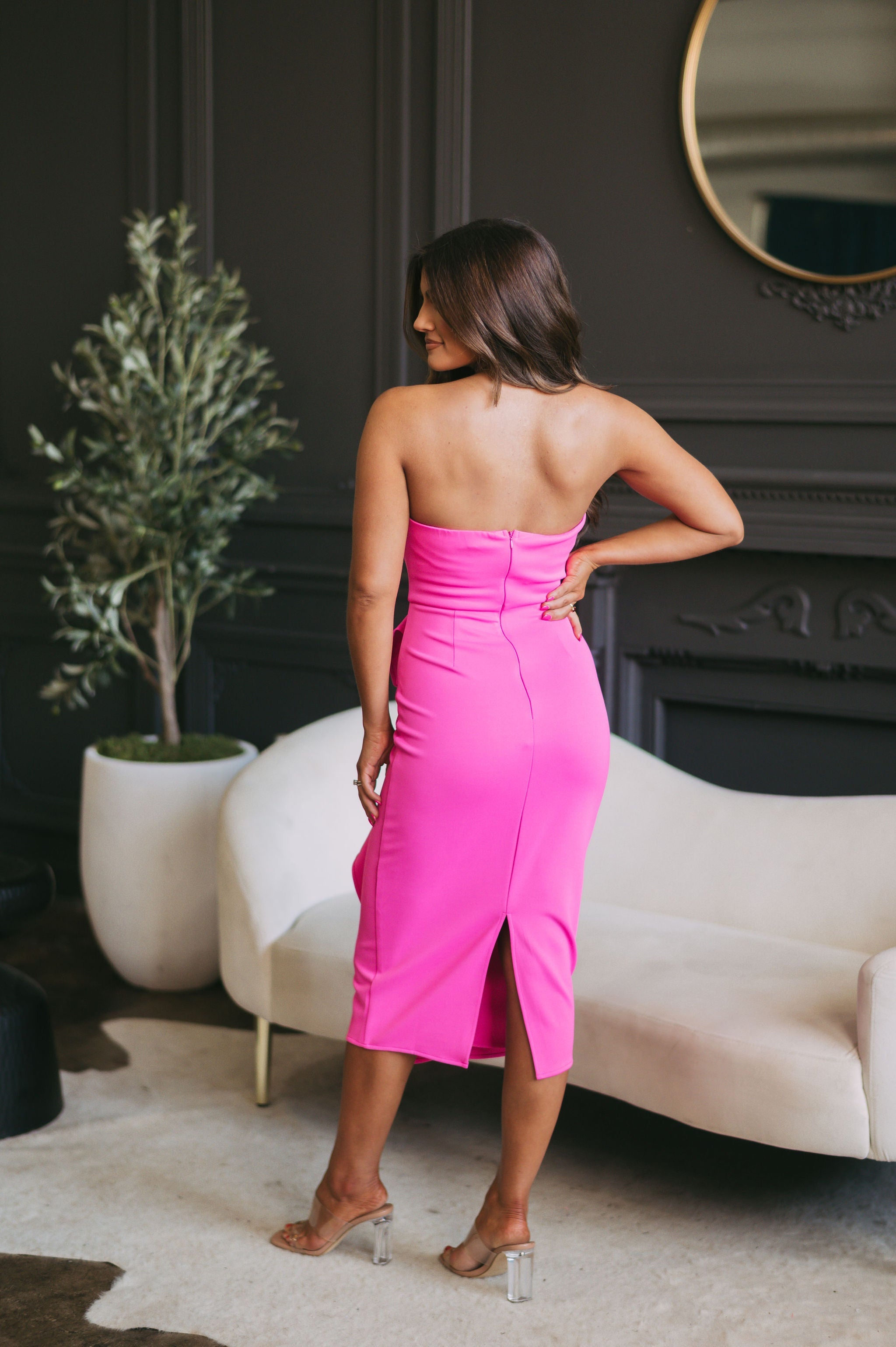 Ruffled Strapless Midi Dress-Hot Pink