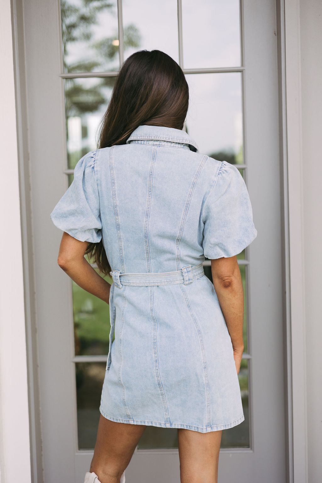 Belted Puff Sleeve Denim Dress