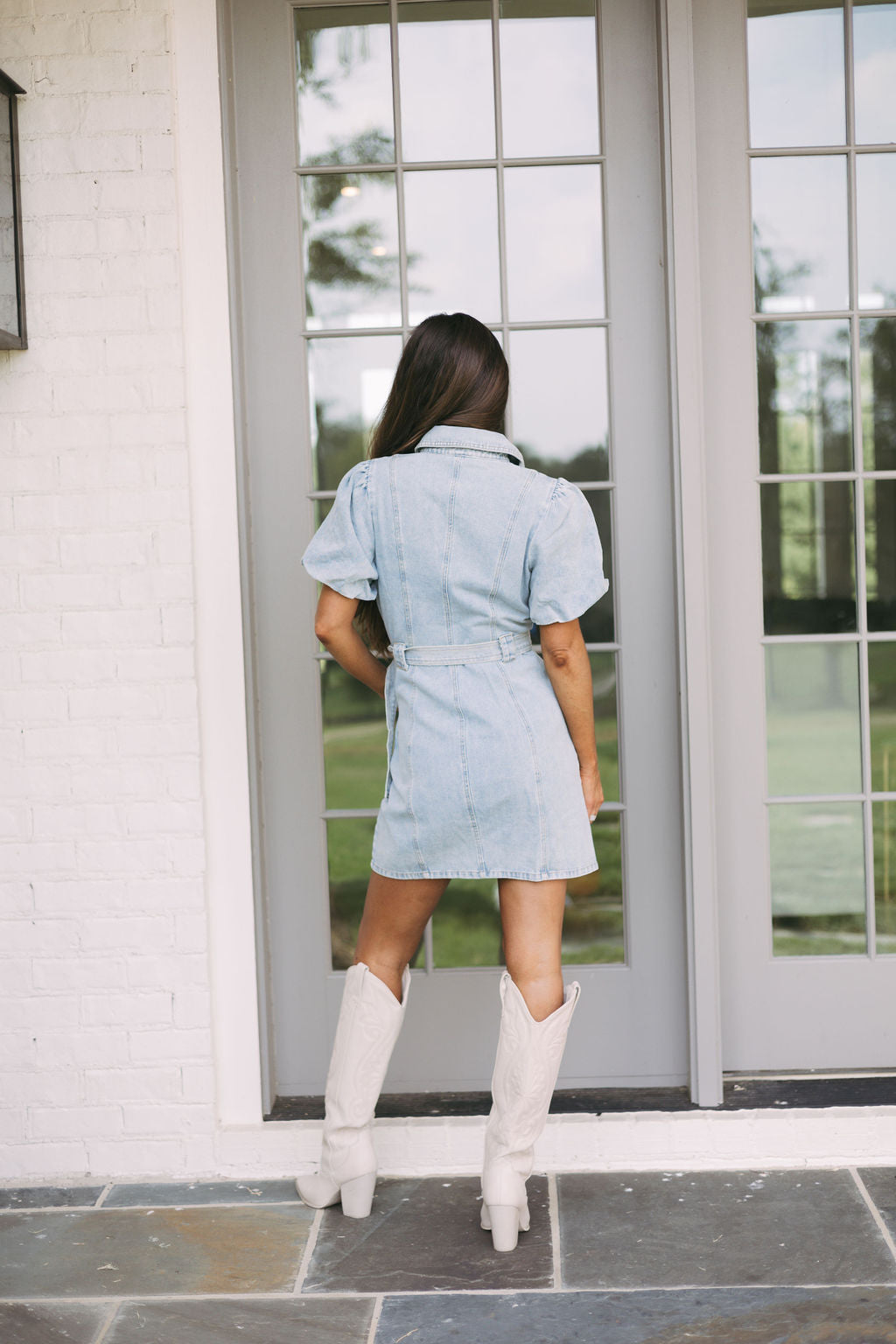 Belted Puff Sleeve Denim Dress