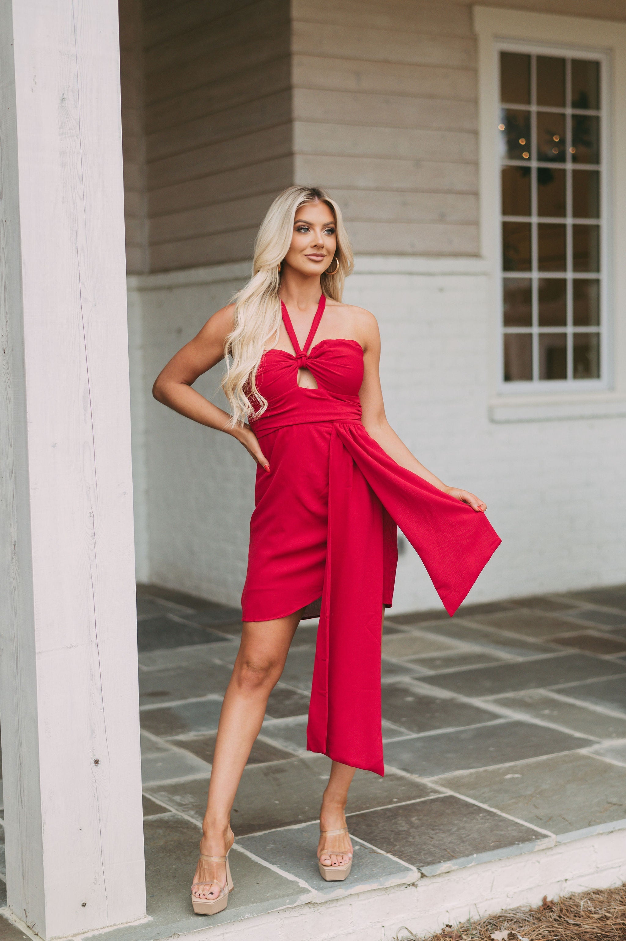 Sash Accented Halter Dress-Deep Red