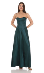 Satin Square Neck Maxi Dress in Green