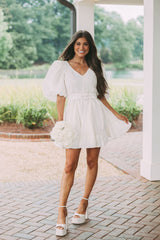 Belted Puff Sleeve Dress-Cream