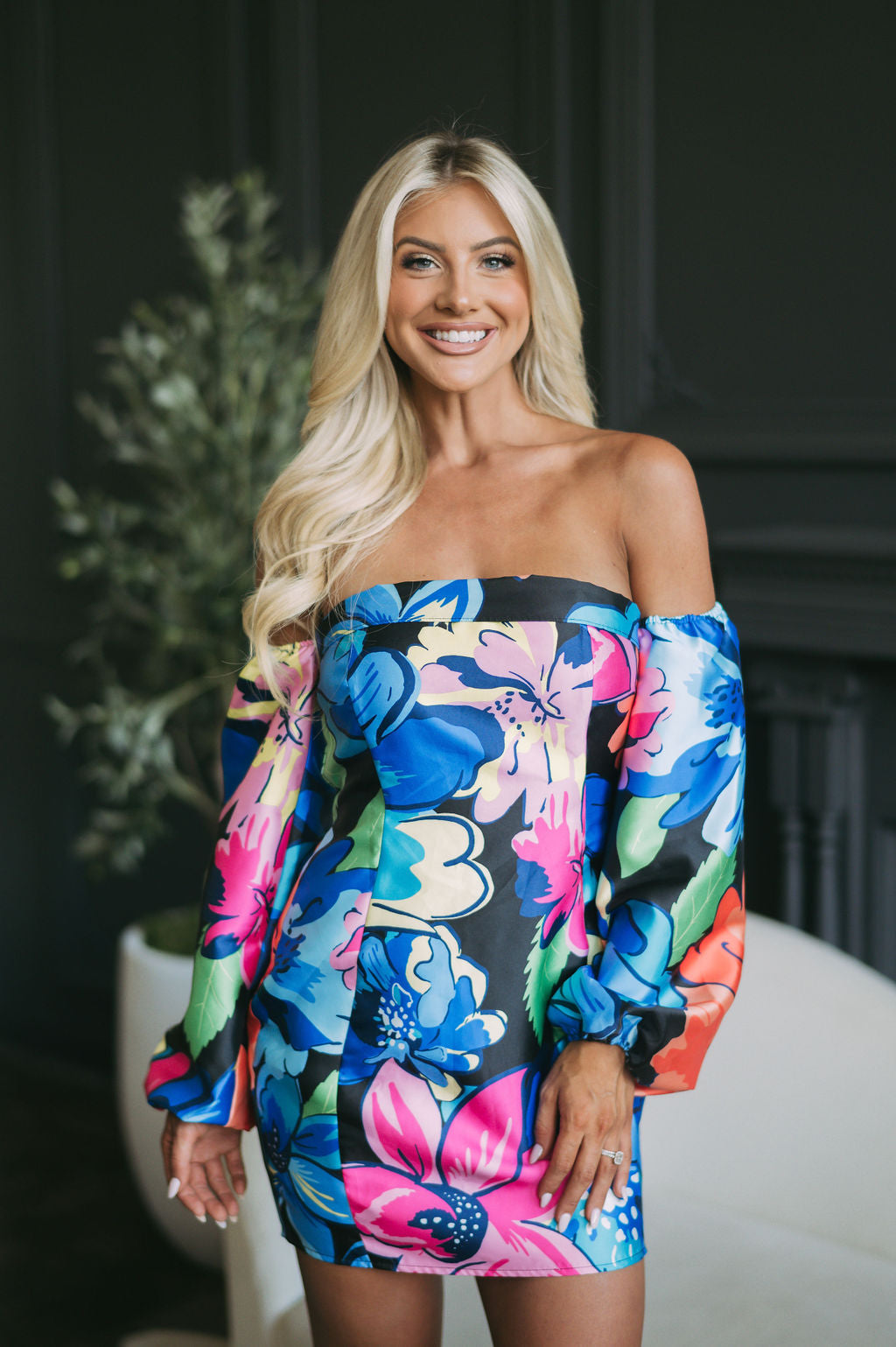 Vibrant OTS Floral Dress