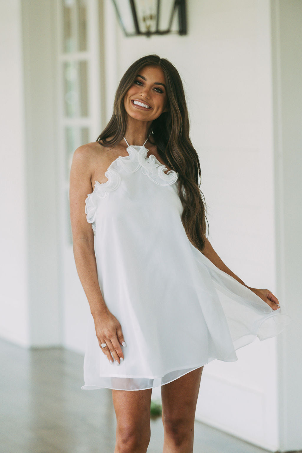 Halter Ruffle Organza Dress-White