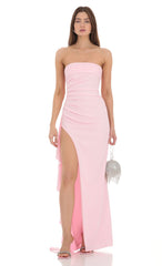 Strapless Ruched Ruffle Maxi Dress in Pink