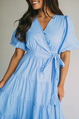 Puff Sleeve Midi Wrap Dress-Blue