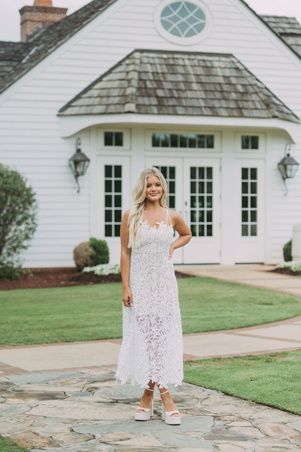 Crochet Strappy Midi Dress-White