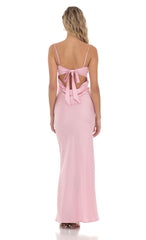 Satin Open Back Maxi Dress in Pink