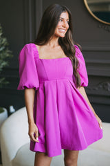 Puff Sleeve Square Neck Dress-Magenta