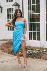 Side Draped Satin DressBlue