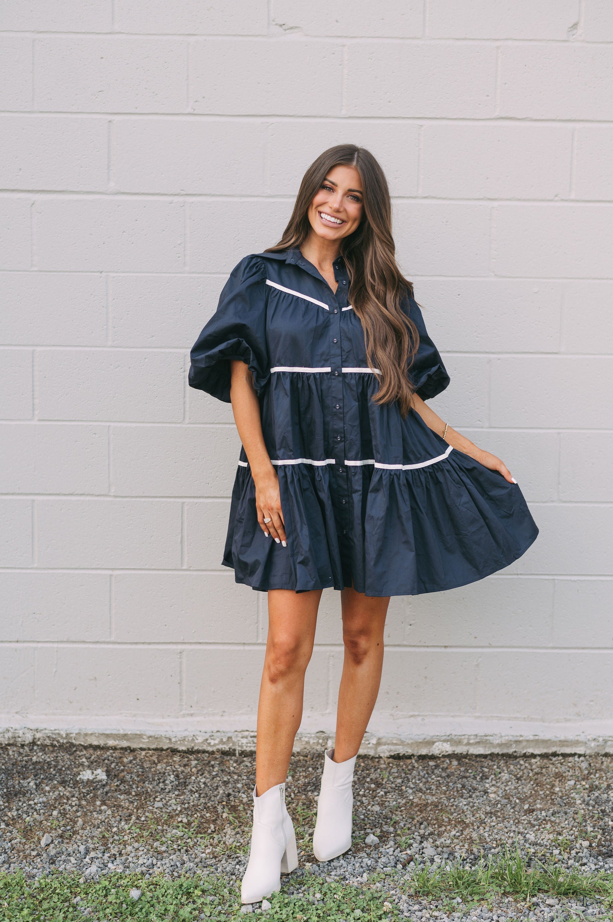 Poplin Tiered Dress Navy