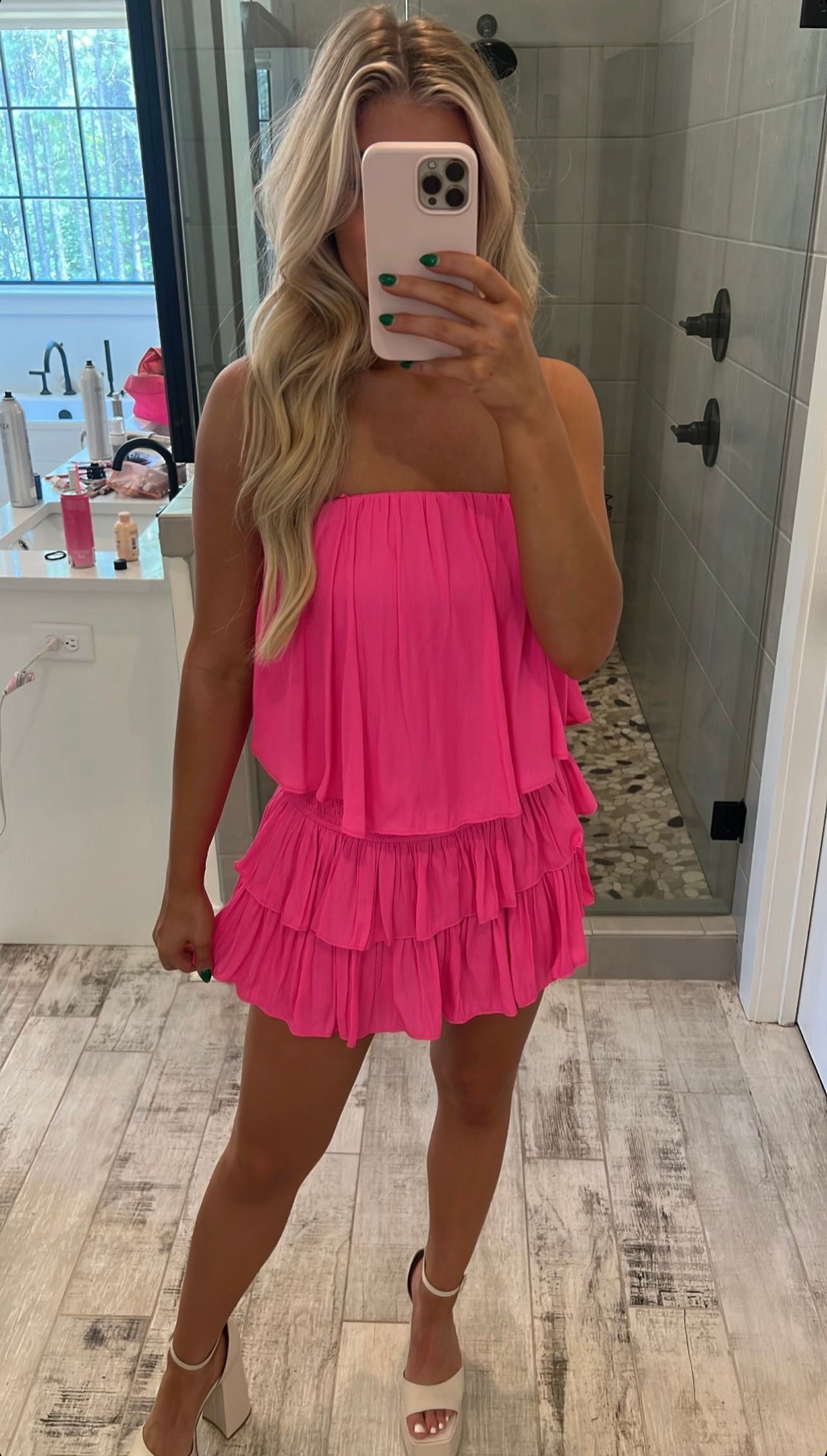 Strapless Ruffle RomperHot Pink