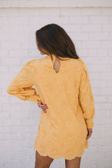 Mock Neck Floral Embroidered Dress-Mustard