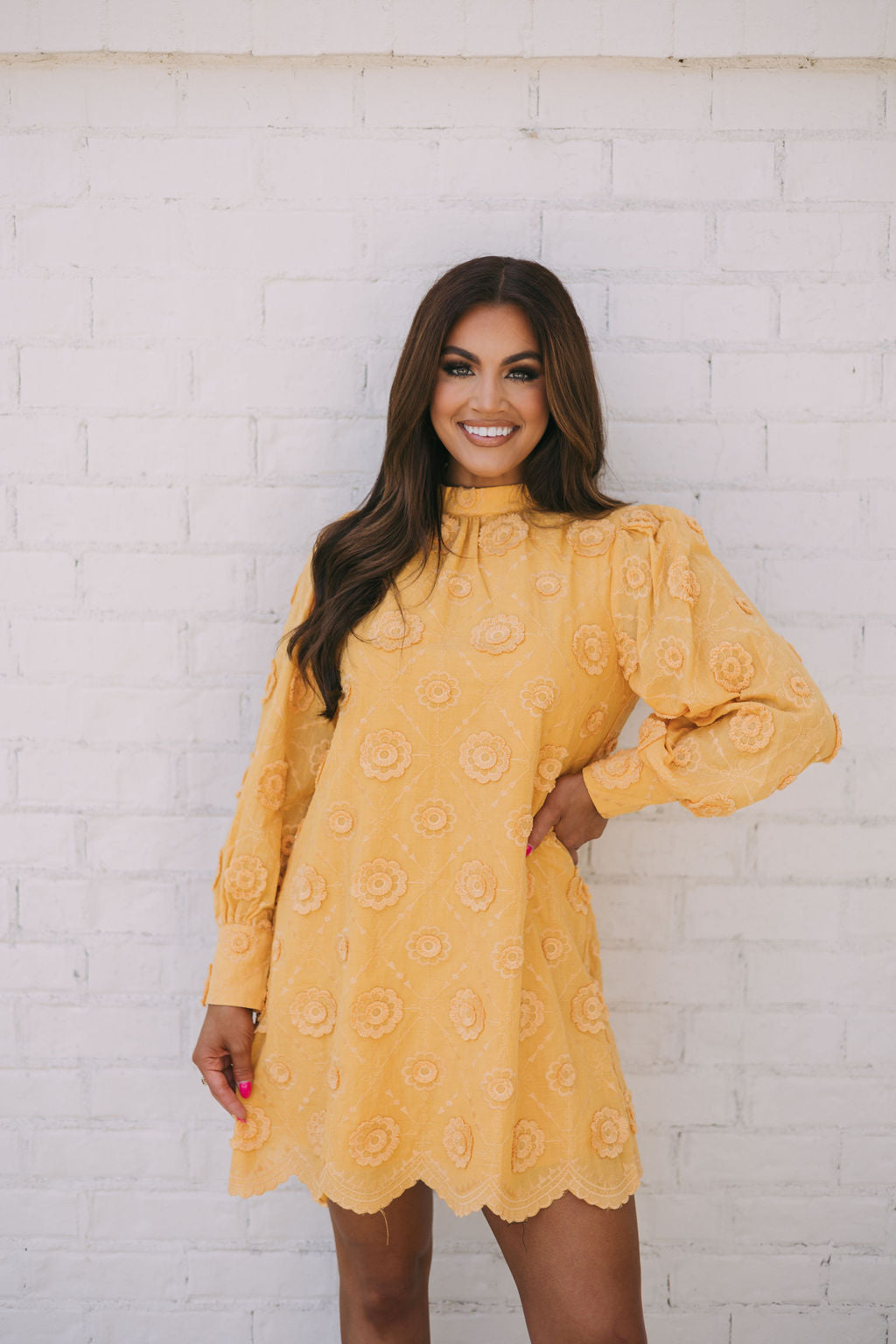 Mock Neck Floral Embroidered Dress-Mustard