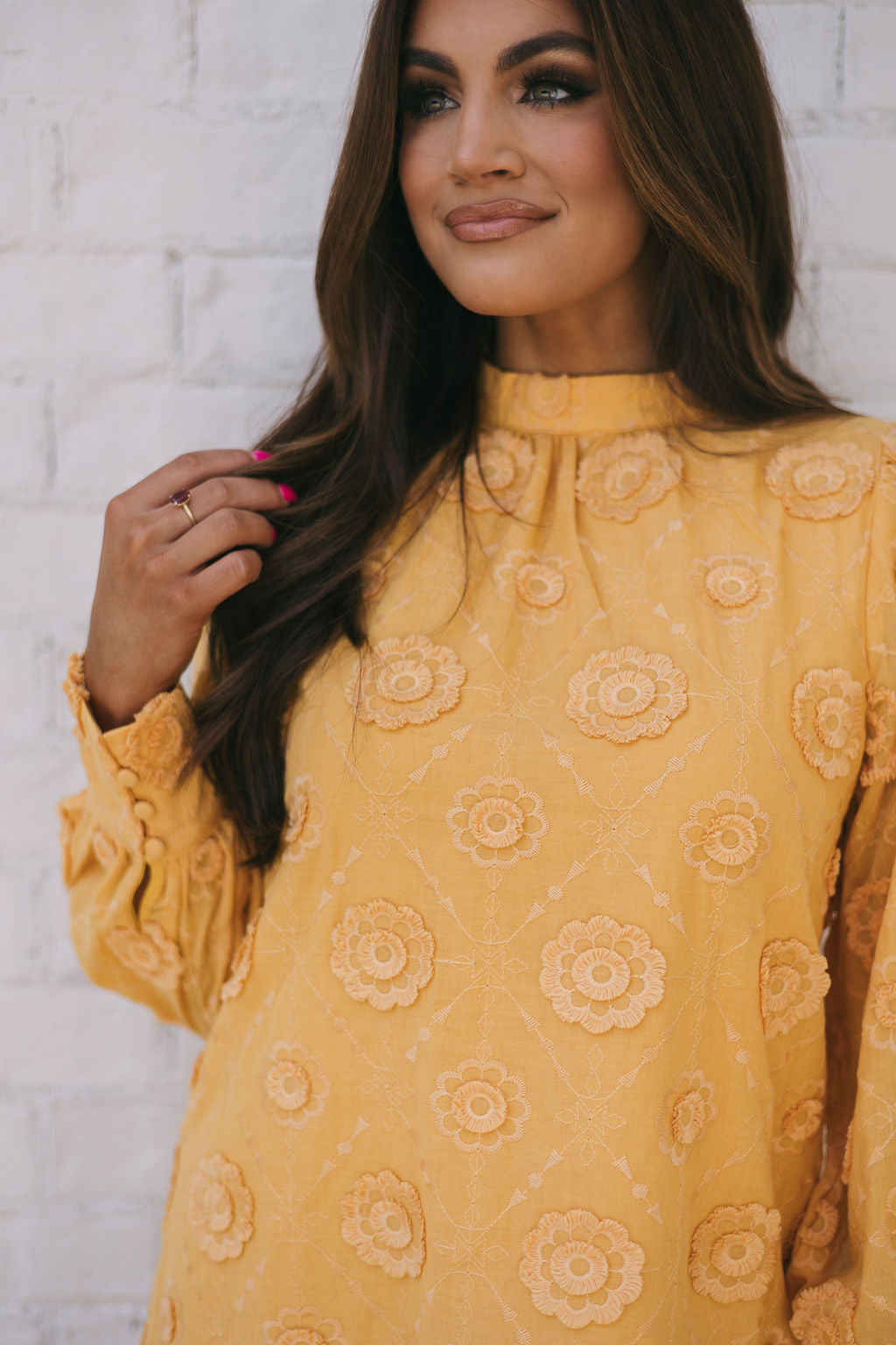 Mock Neck Floral Embroidered Dress-Mustard