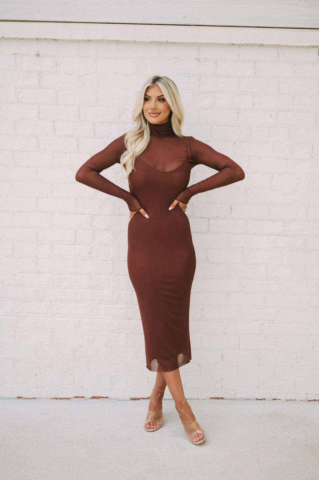 Mock Neck Mesh Midi Dress Brown