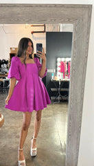 Puff Sleeve Square Neck Dress-Magenta