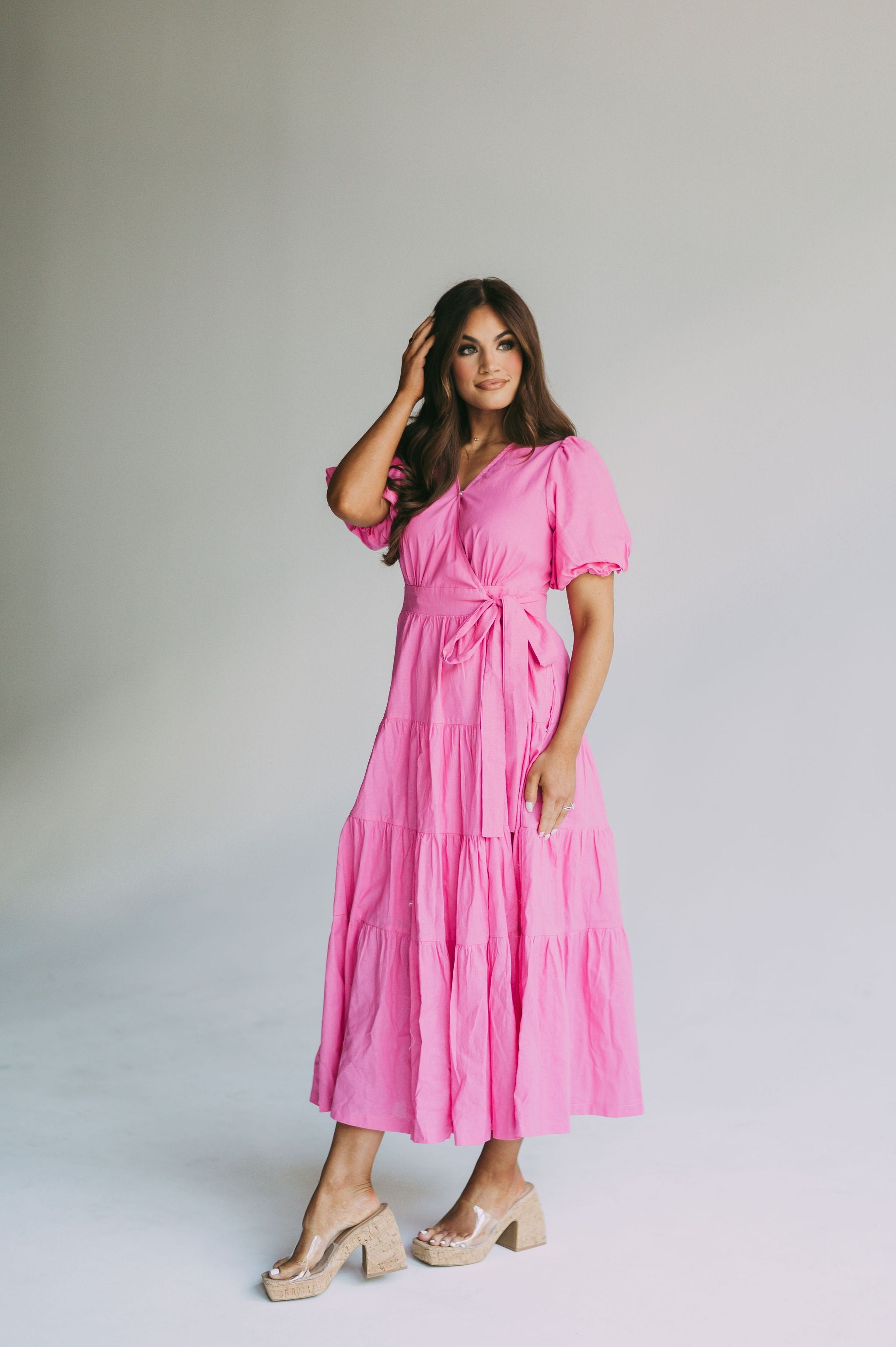 Puff Sleeve Midi Wrap Dress-Pink